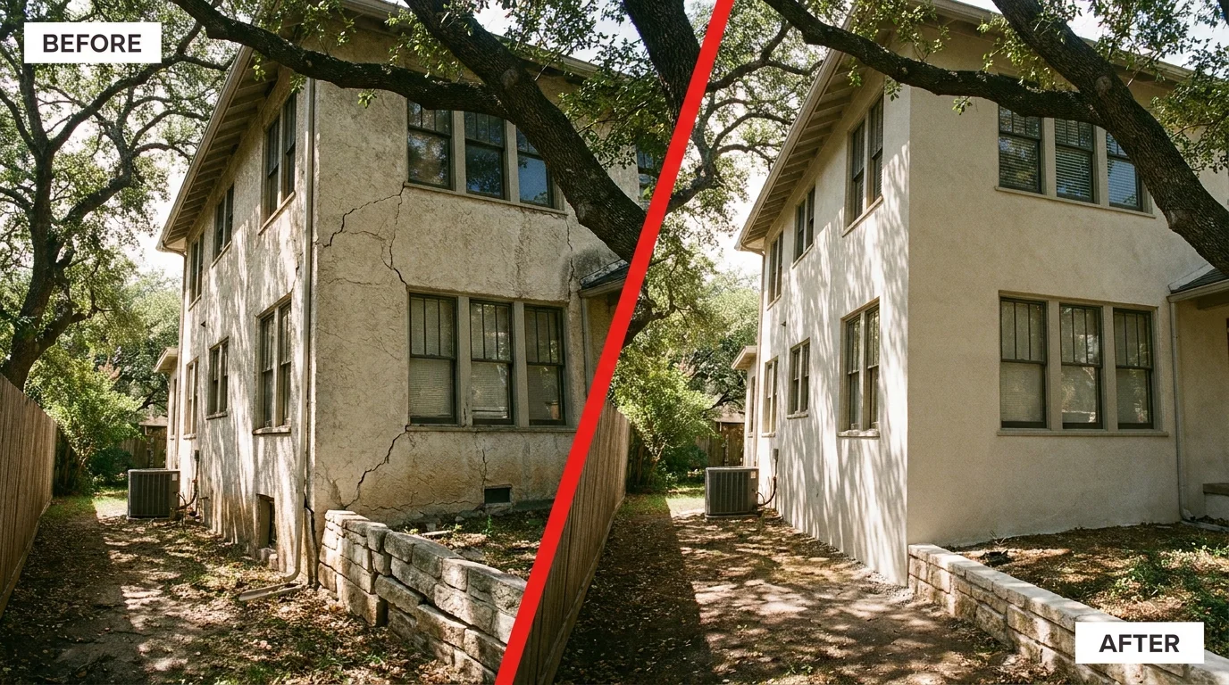 Before and after foundation repair on a Alamo Heights, Texas home: a settled, cracked corner restored level