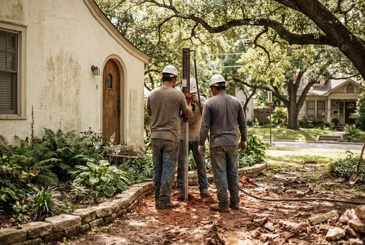 Foundation repair crew working on a home in Alamo Heights, Texas