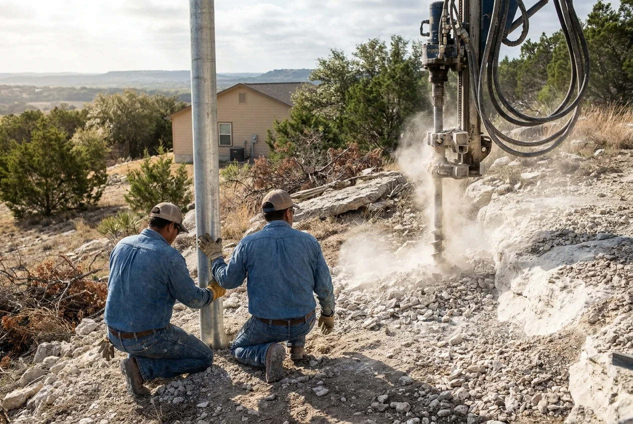 A foundation repair crew drilling a steel pier through limestone bedrock on a sloped Hill Country lot in Bulverde, Texas