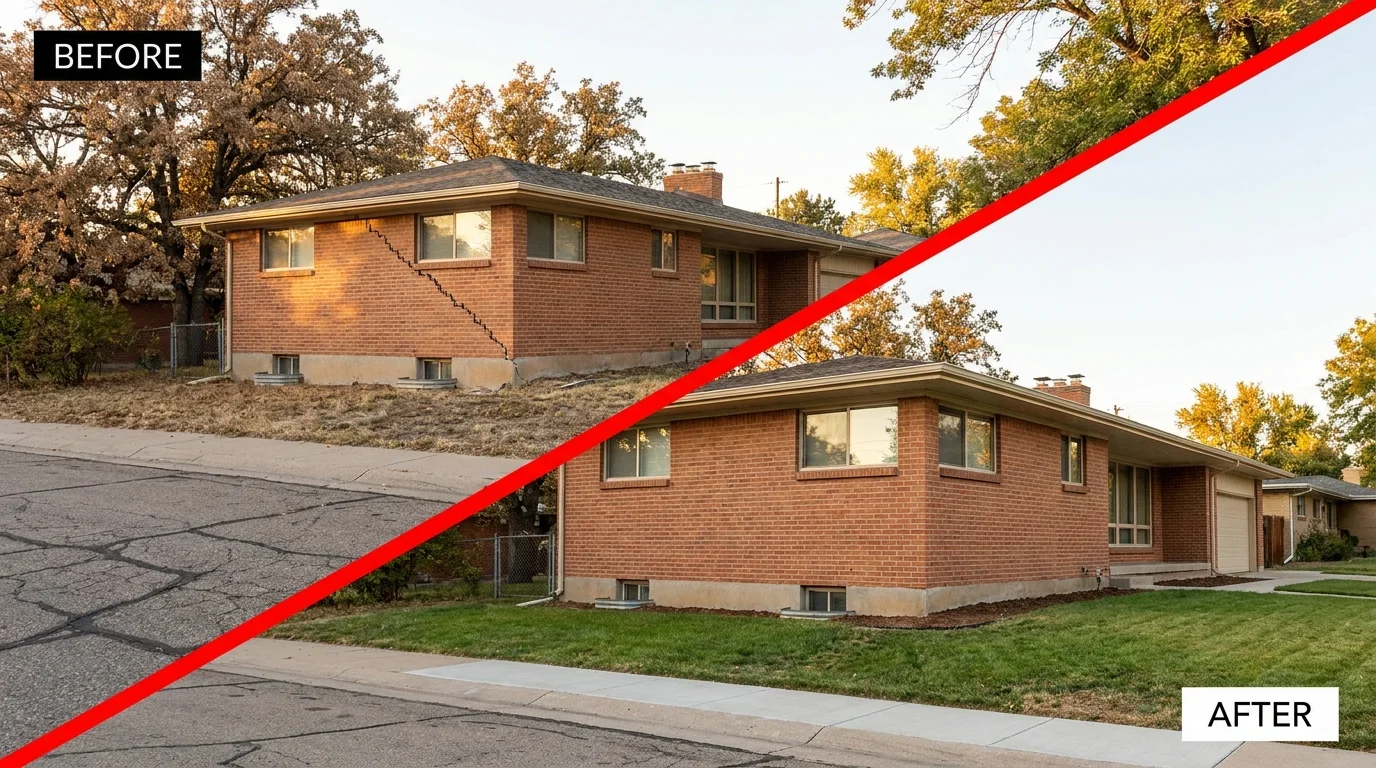 Before and after foundation repair on a Castle Hills, Texas home: a settled, cracked corner restored level