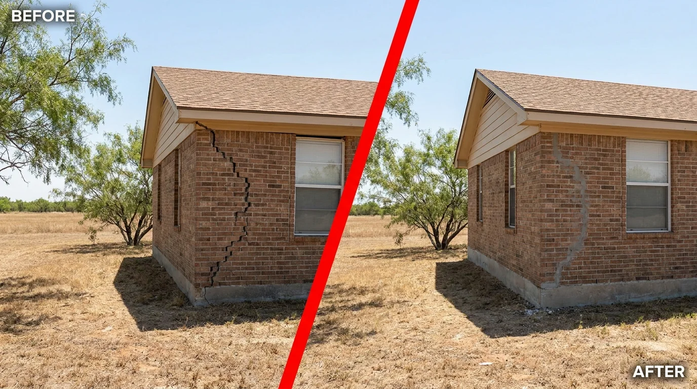 Before and after foundation repair on a China Grove, Texas home: a settled, cracked corner restored level