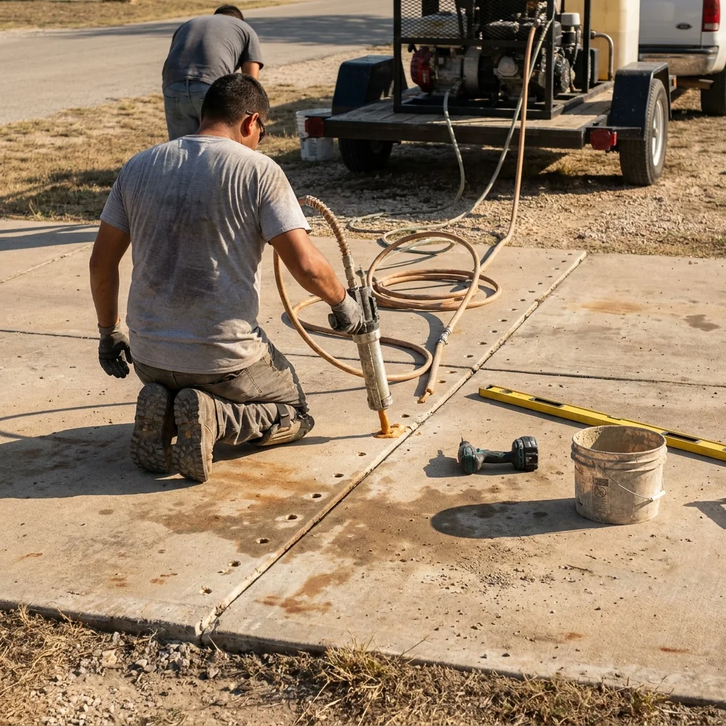 A crew lifting a sunken concrete driveway with polyurethane foam injection in New Braunfels
