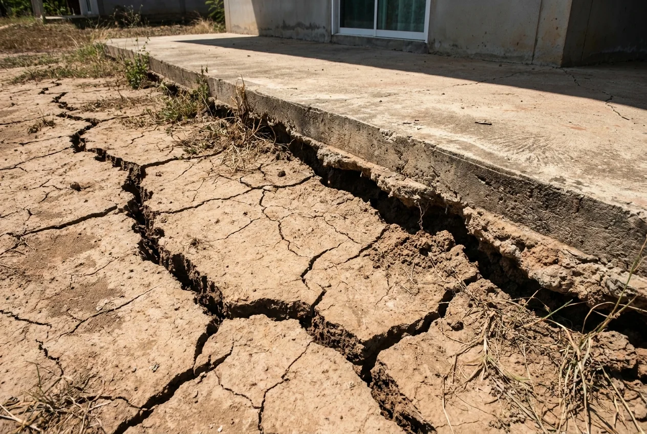 Drought cracks in clay soil shrinking away from a concrete slab foundation edge