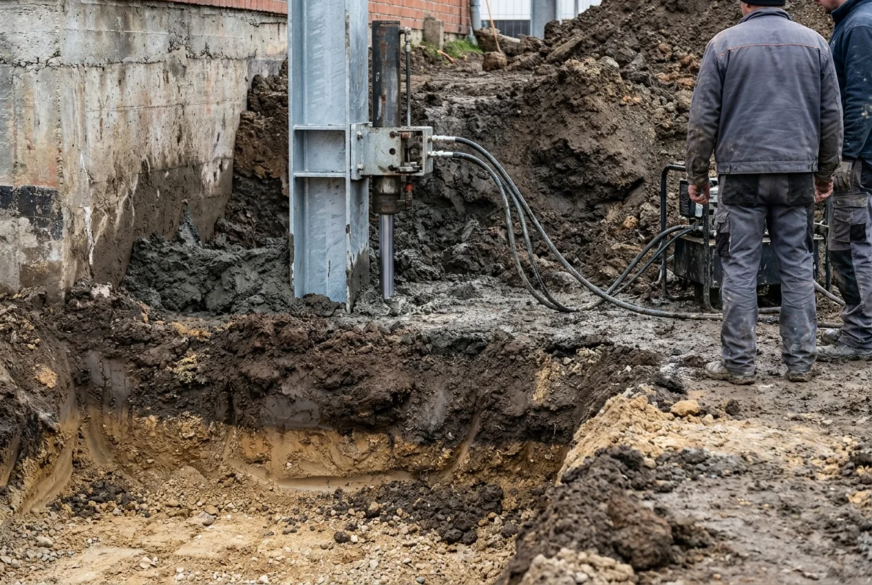 A steel pier driven through clay to reach load-bearing strata below