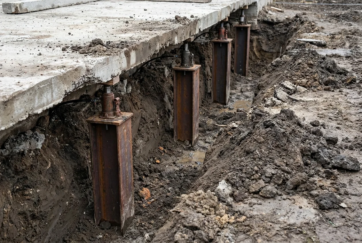 Steel pressed piers installed along a slab edge to lift the foundation