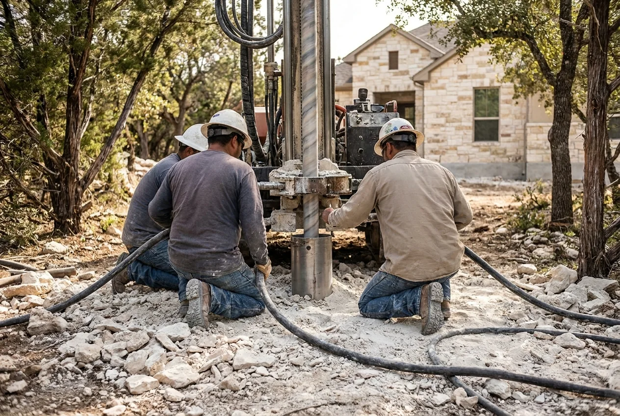 A crew drilling a pier through limestone bedrock beside a Hill Country home in Garden Ridge, Texas