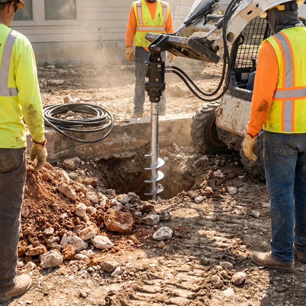 A crew installing a galvanized helical pier beside a New Braunfels home foundation