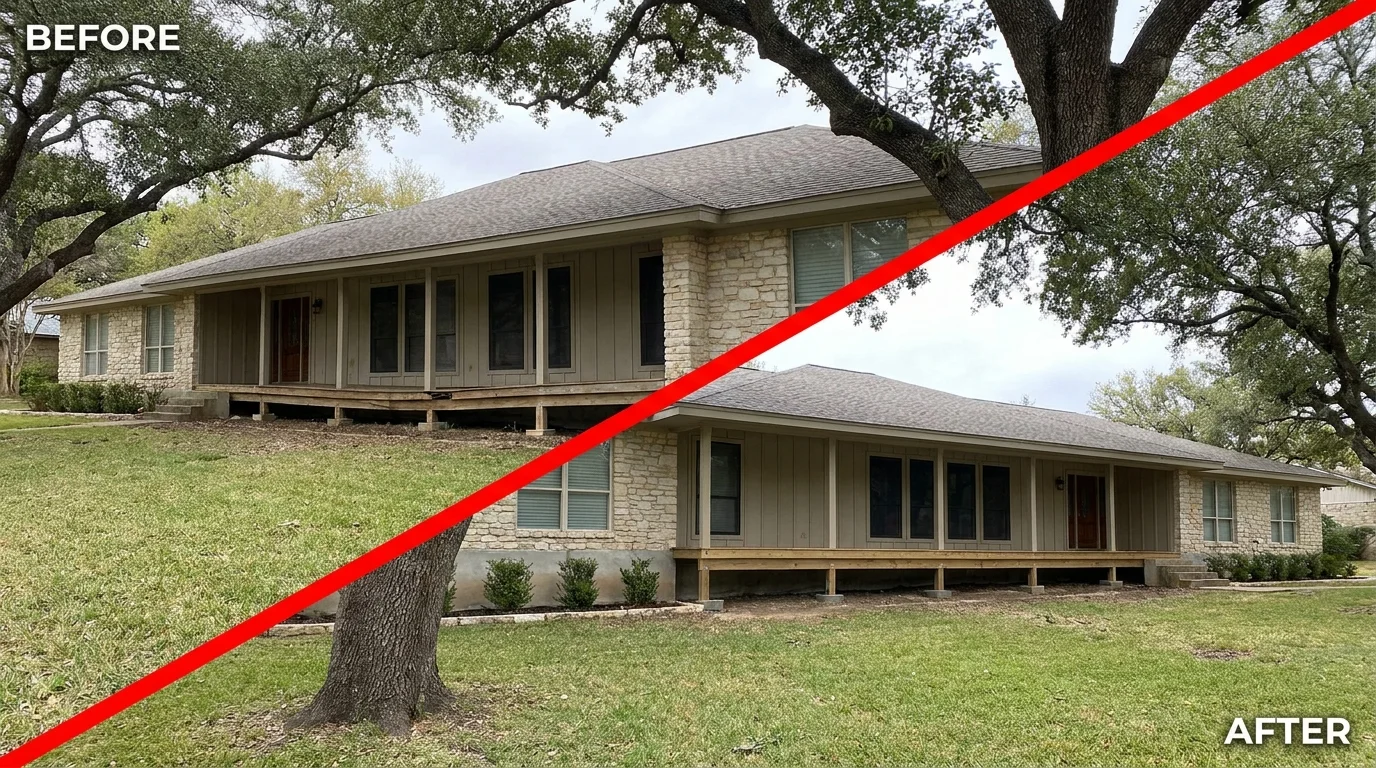 Before and after foundation repair on a Hill Country Village, Texas home: a settled, cracked corner restored level