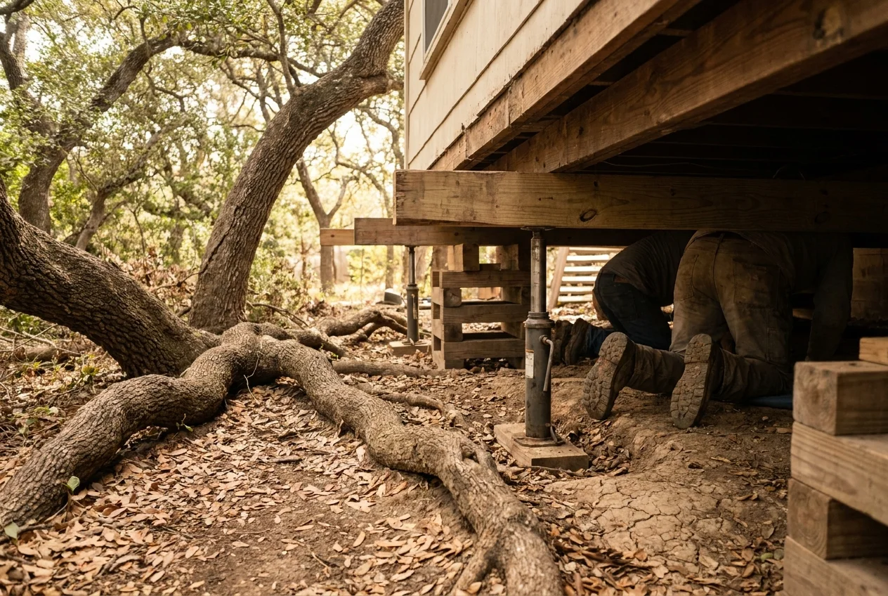 Foundation repair crew working on a home in Hill Country Village, Texas