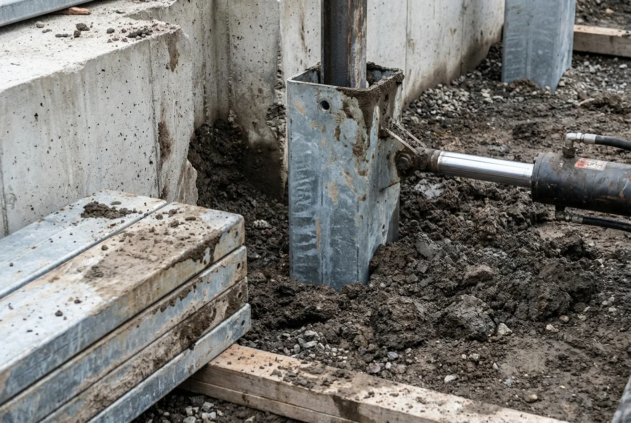 A galvanized steel pier section driven deep toward stable soil