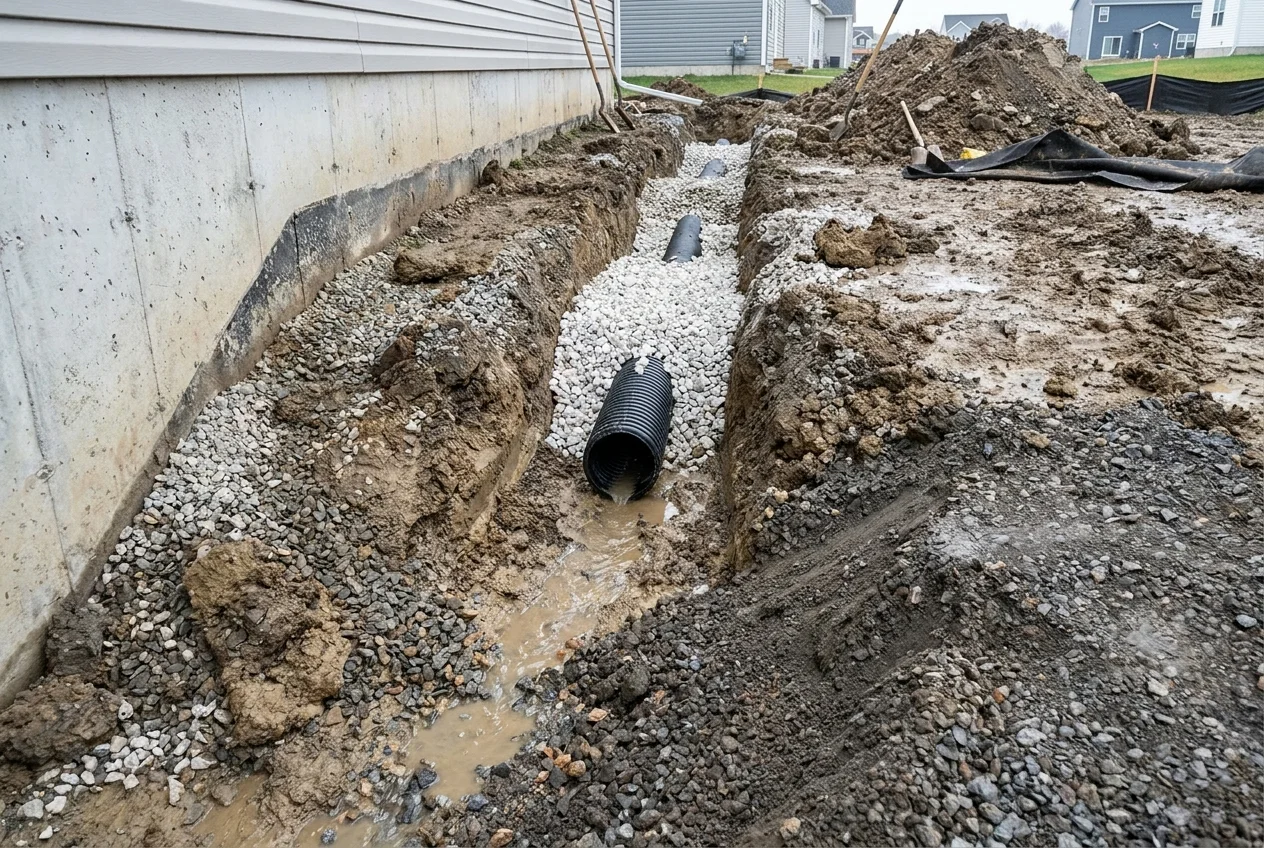 A French drain and graded drainage protecting a home foundation