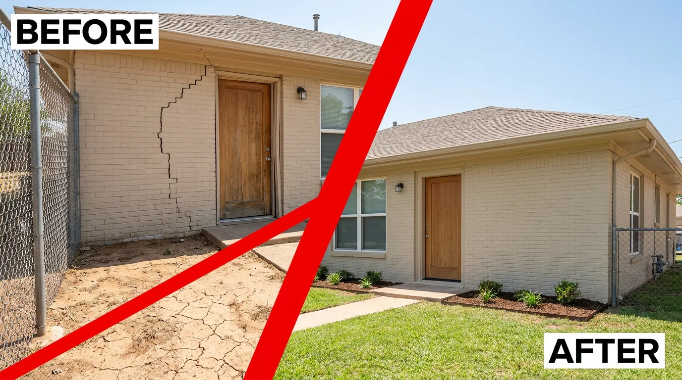 Before and after: cracked brick and a sticking door on a Kirby home repaired