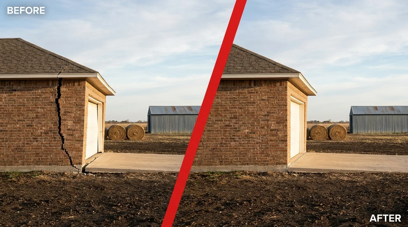 Before and after foundation repair on a La Vernia, Texas home: a settled, cracked corner restored level