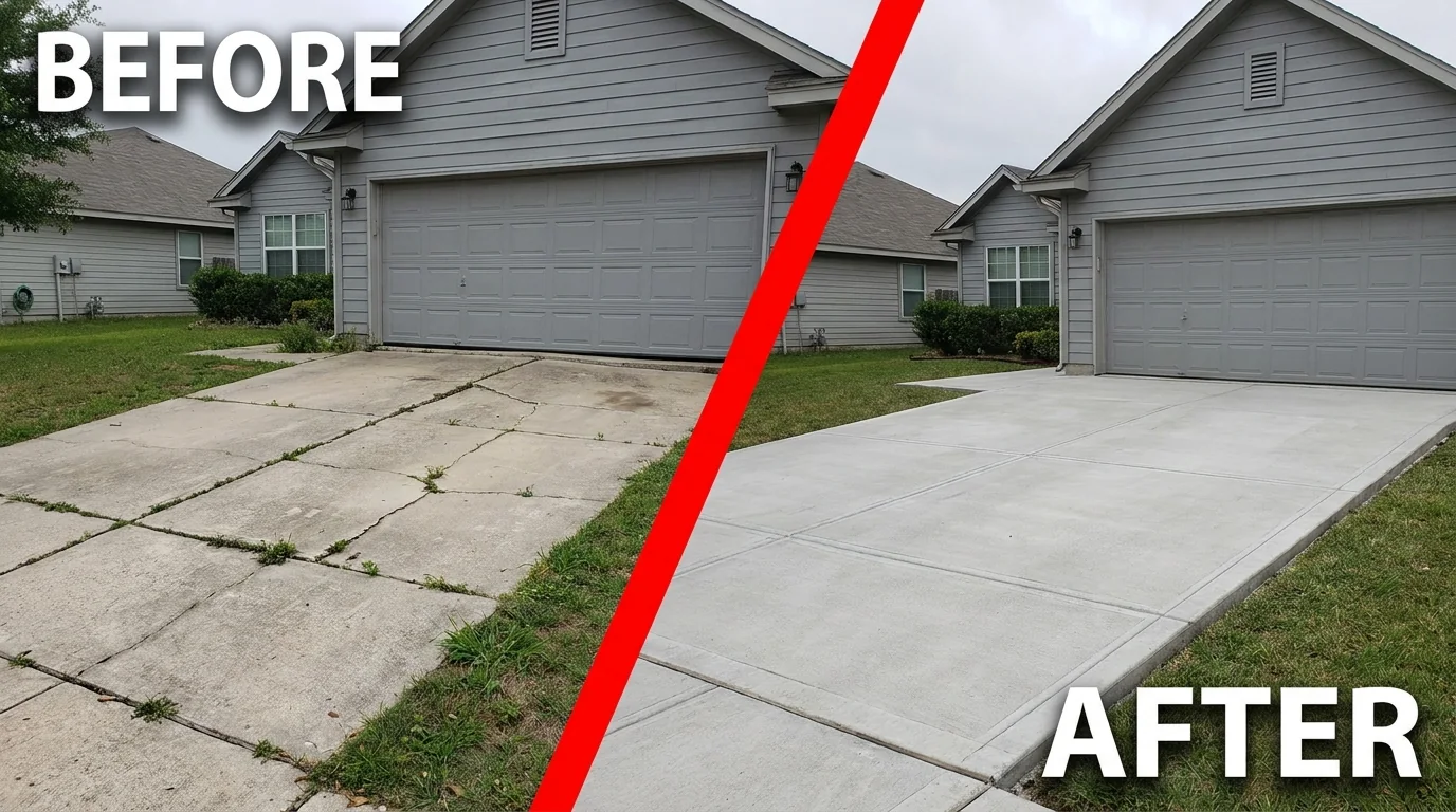 Before and after: a sunken Live Oak driveway raised back level