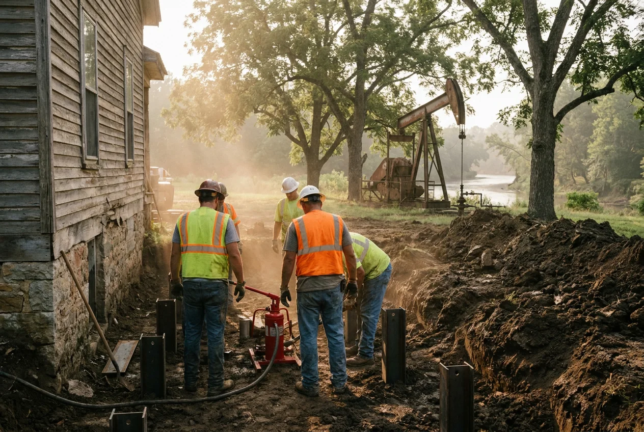 Foundation repair crew working on a home in Luling, Texas