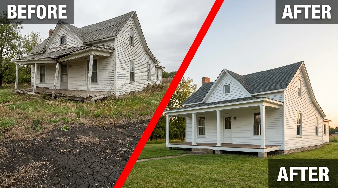 Before and after: a sagging farmhouse porch in Marion jacked back level