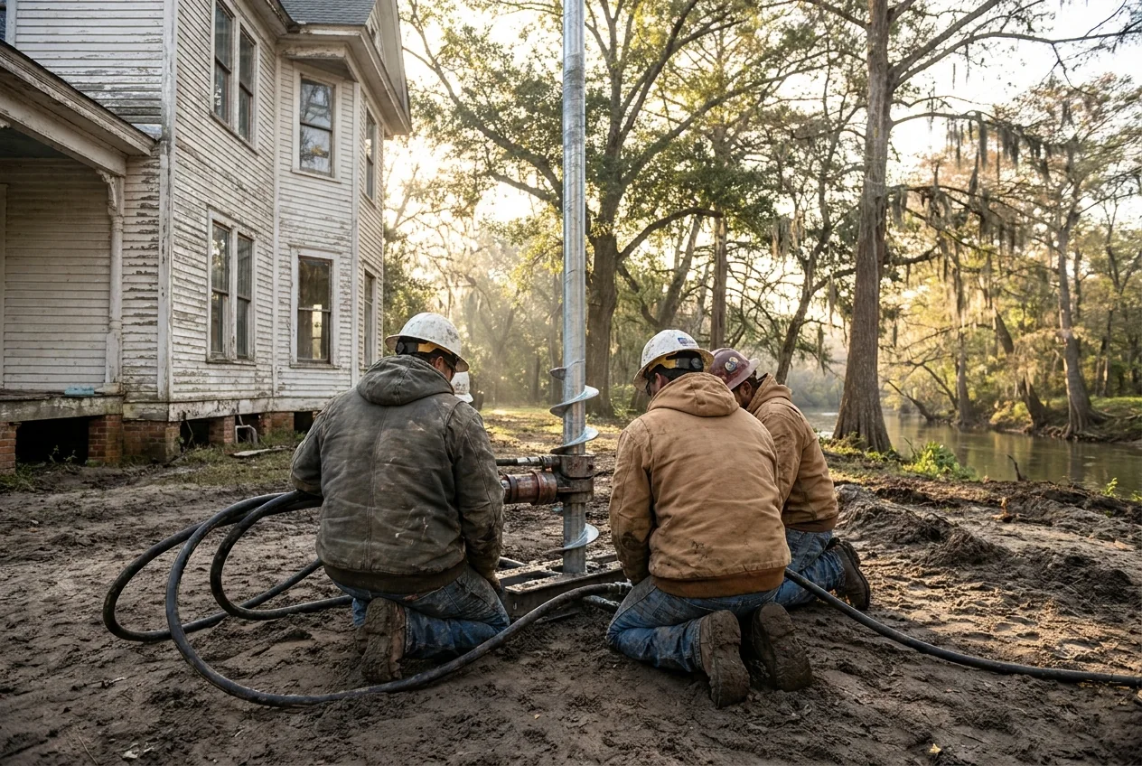 A crew installing helical piers beside a historic home near the San Marcos River in Martindale, Texas