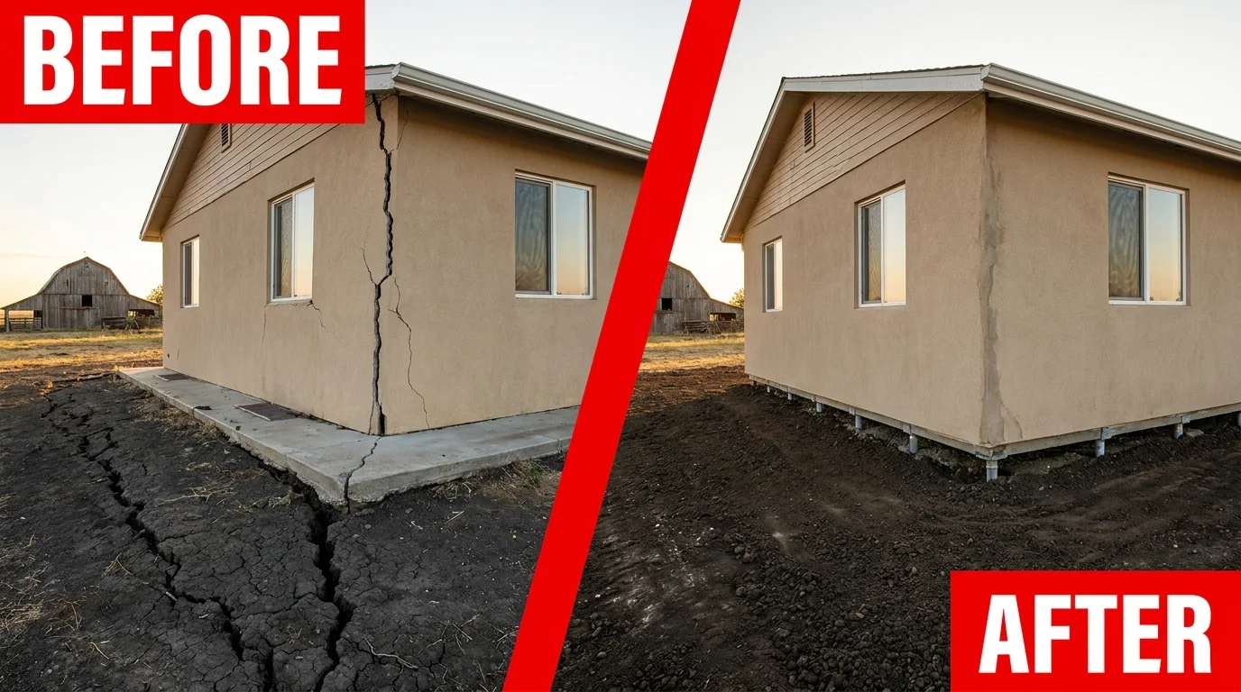 Before and after: a settled country-home corner near New Berlin lifted on steel piers