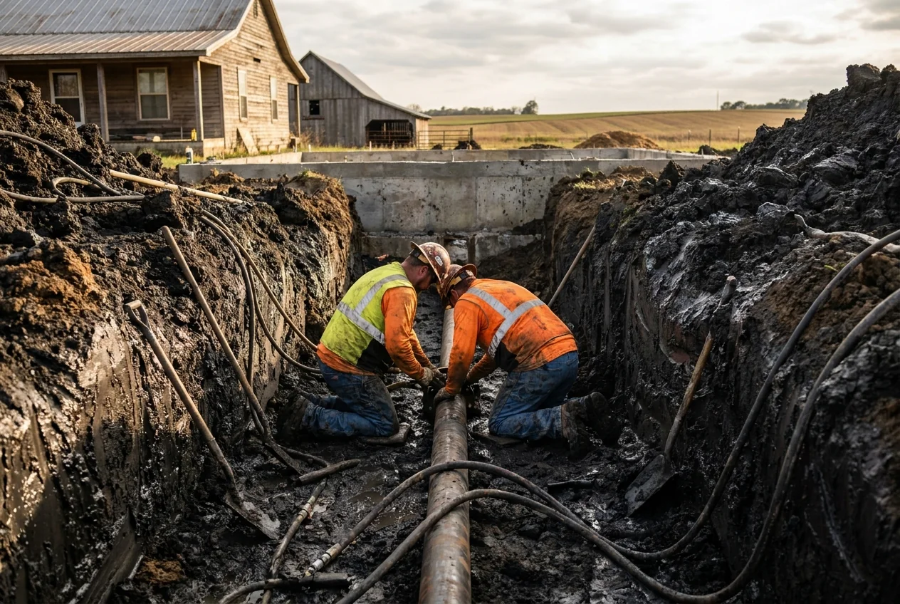 Workers setting a steel pier in a deep black-clay trench beside a country home near New Berlin, Texas