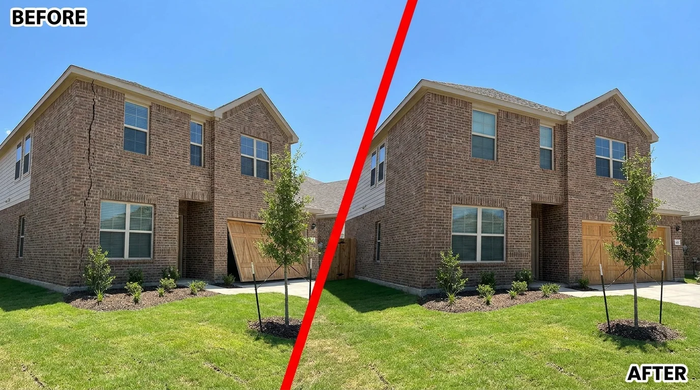 Before and after foundation repair on a Niederwald, Texas home: a settled, cracked corner restored level