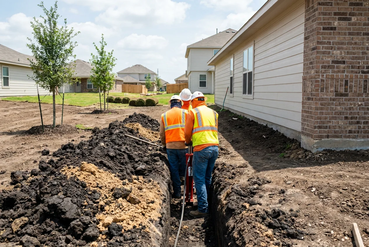 Foundation repair crew working on a home in Niederwald, Texas