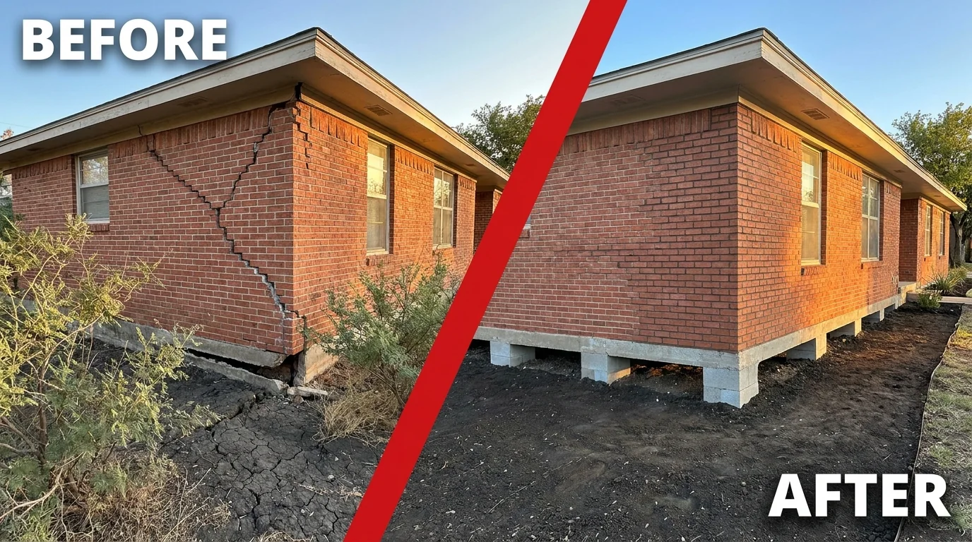 Before and after: a settled brick ranch corner in Santa Clara lifted level on new piers