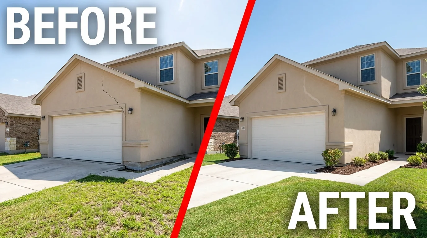 Before and after: a cracked garage corner on a Selma two-story home repaired and level