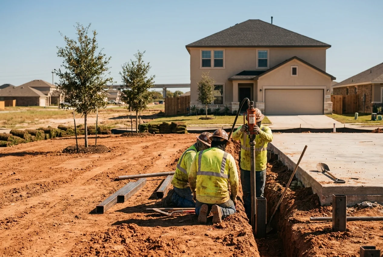 A crew installing pressed piers against a new two-story stucco home in a Selma, Texas subdivision