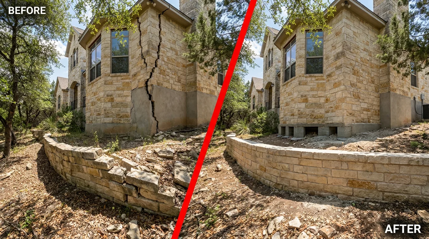 Before and after foundation repair on a Shavano Park, Texas home: a settled, cracked corner restored level