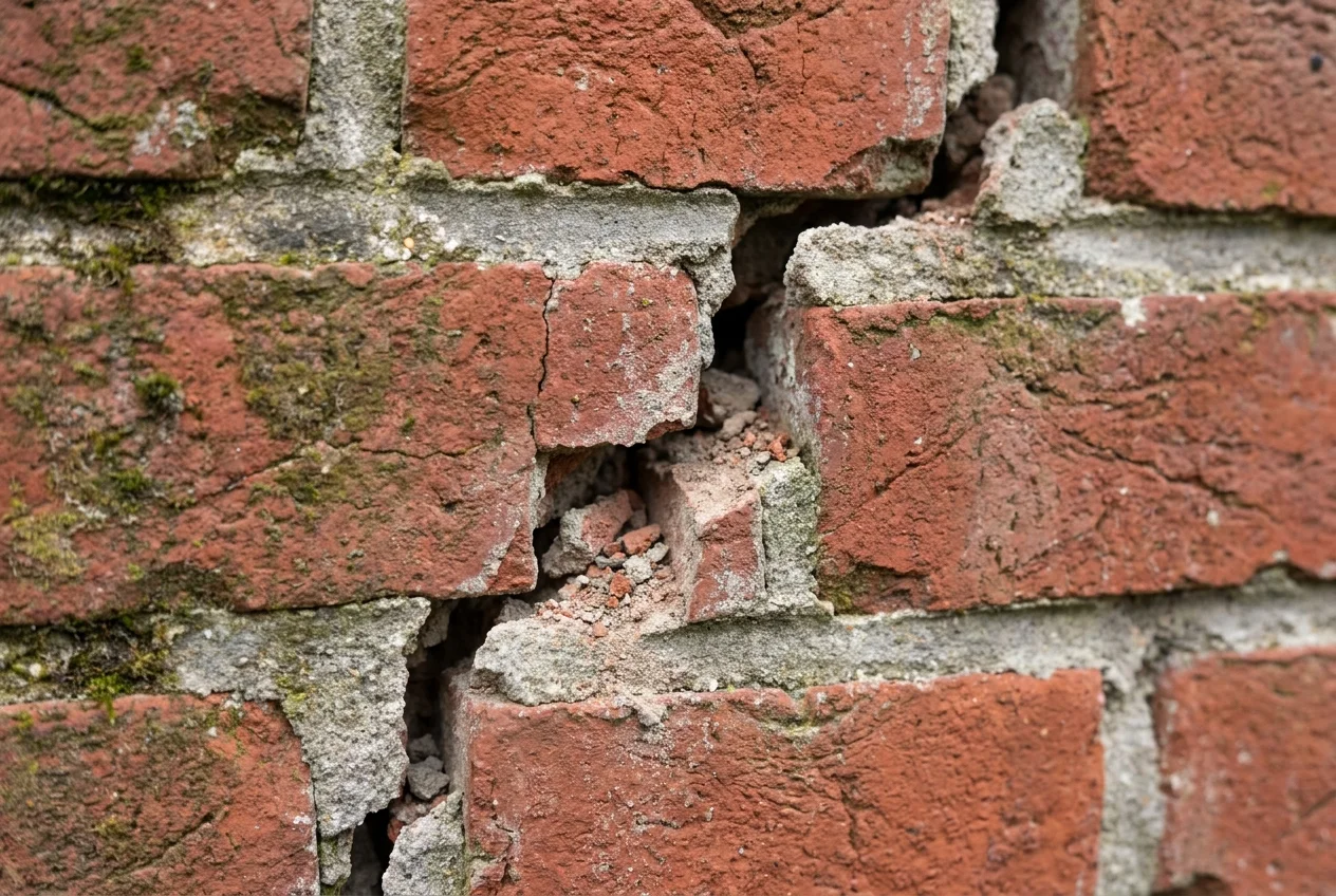 Close-up of a stair-step crack tracing the mortar joints in exterior brick