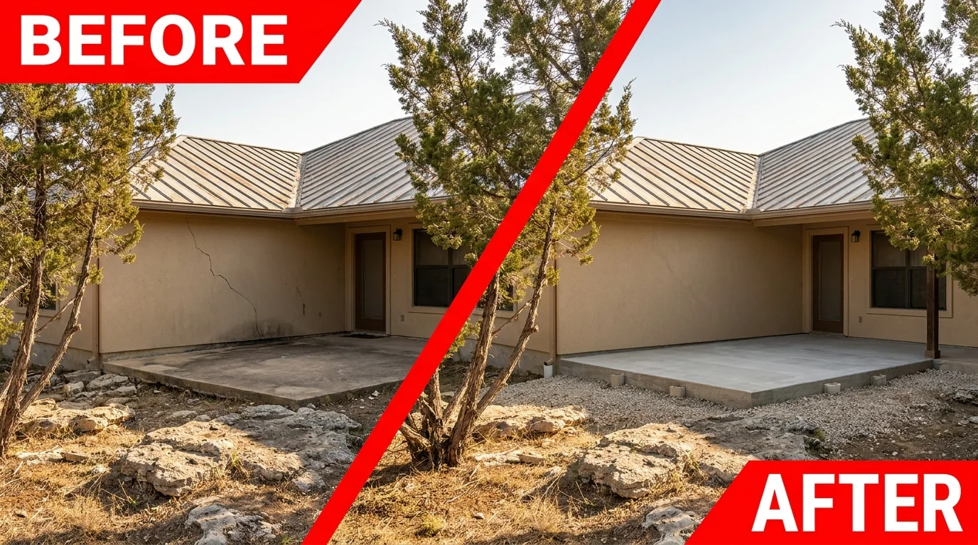 Before and after: a cracked stucco corner on a Spring Branch ranch lifted level