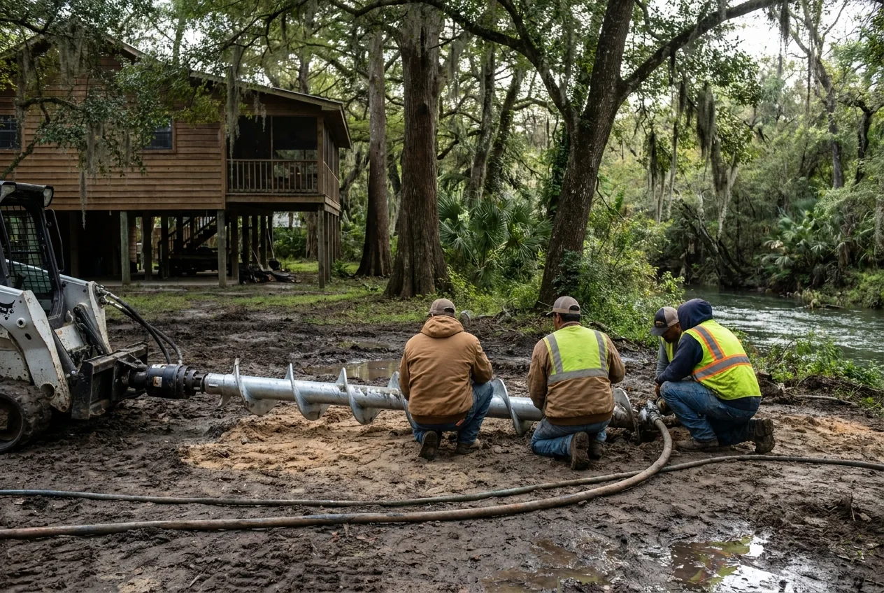 A crew installing a helical pier beside a raised riverside home near the San Marcos River in Staples, Texas