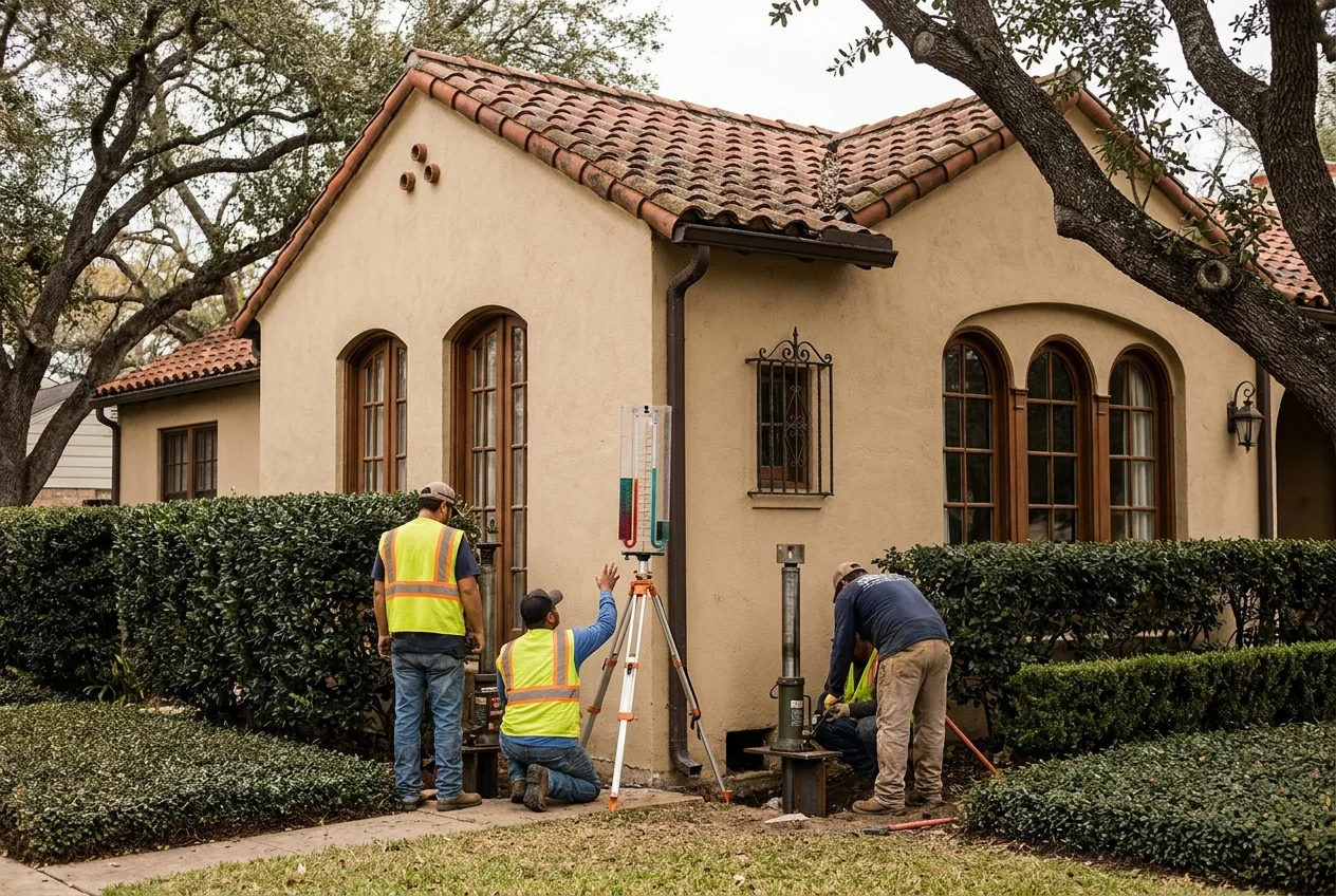 Foundation repair crew working on a home in Terrell Hills, Texas