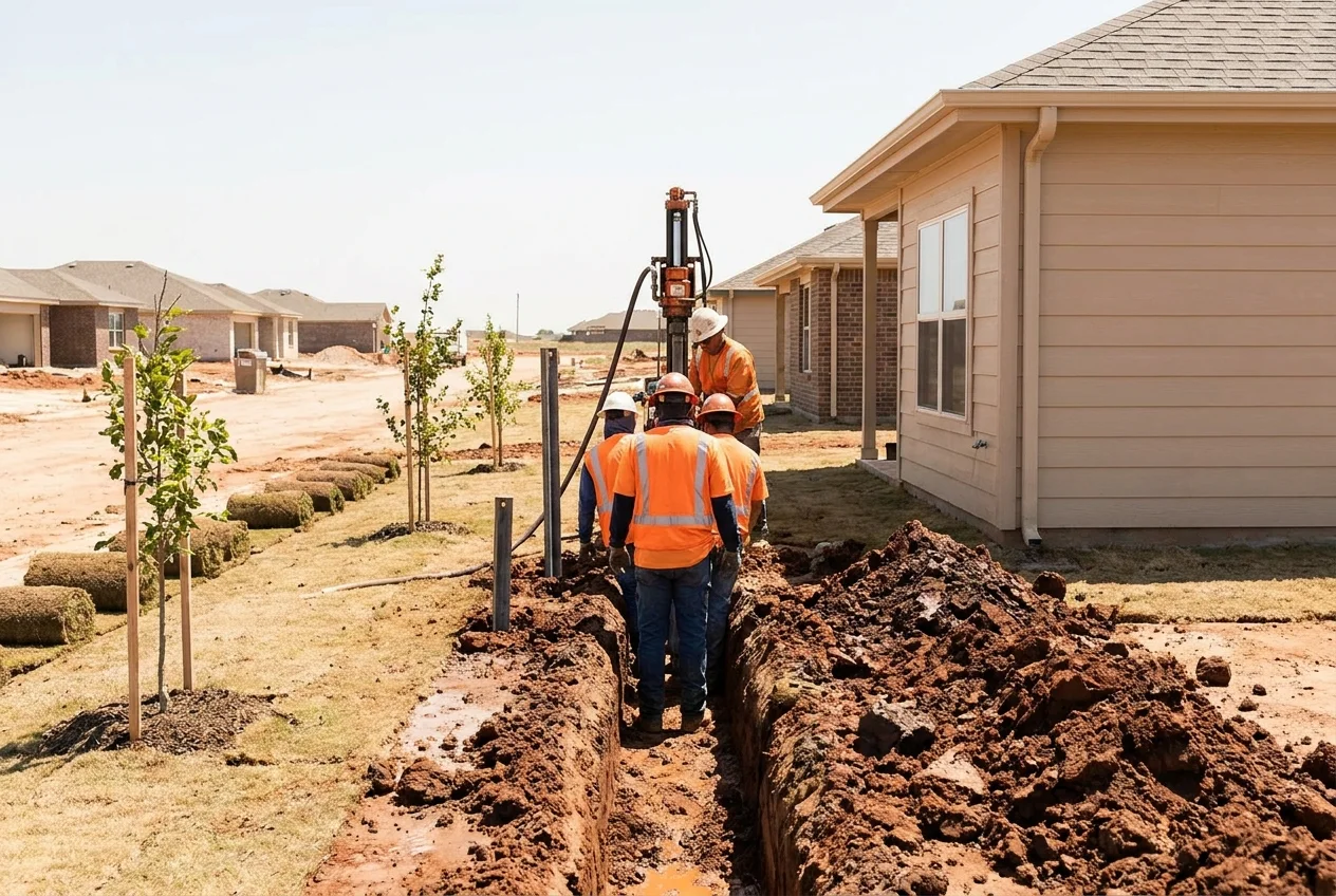 Foundation repair crew working on a home in Uhland, Texas