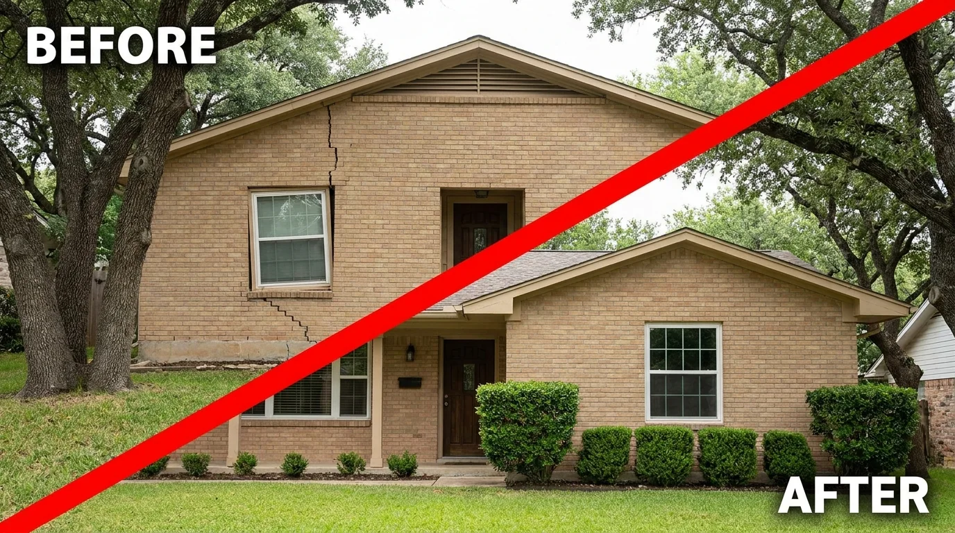 Before and after: cracked brick on a Universal City ranch repaired and squared