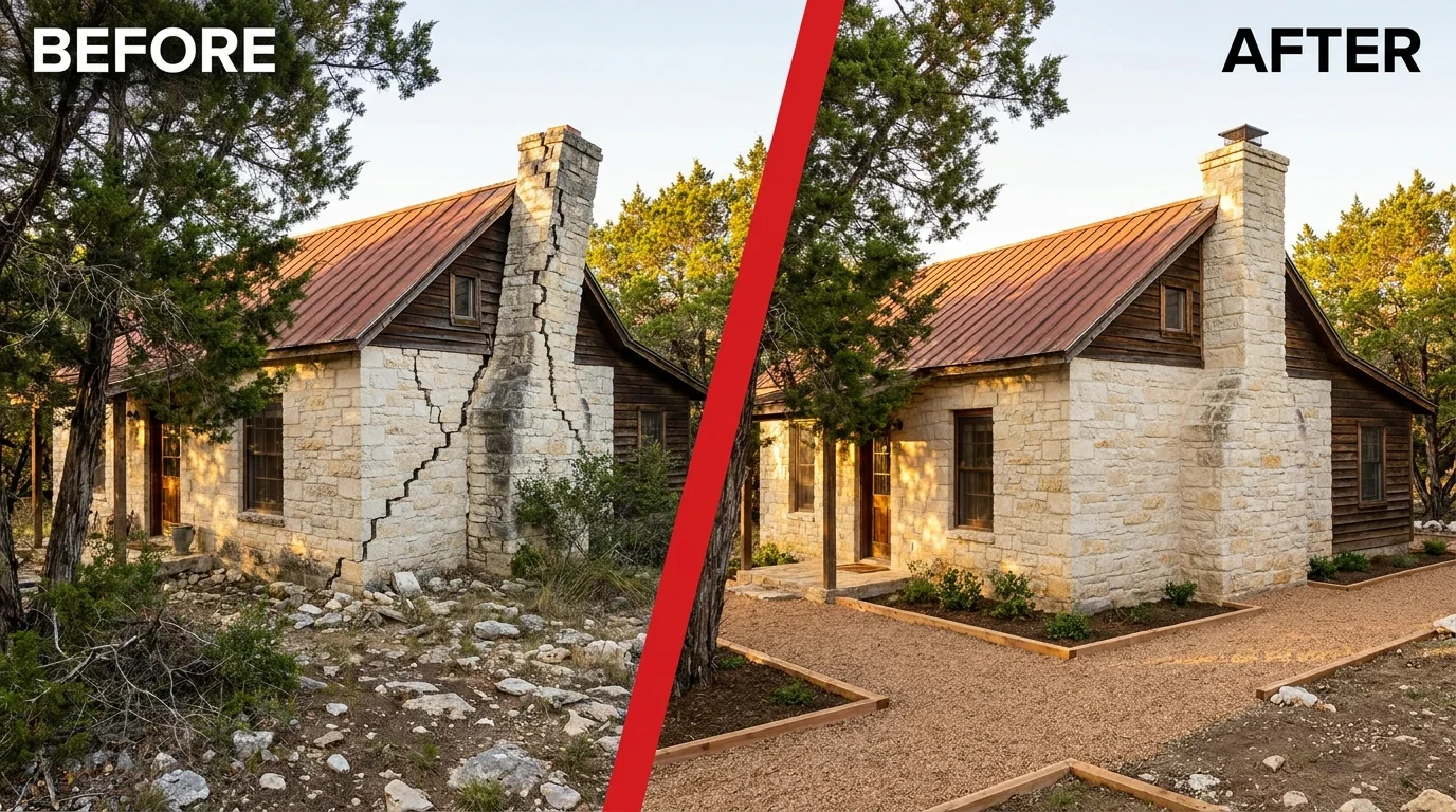 Before and after: a cracked limestone wall and chimney on a Wimberley cottage repaired