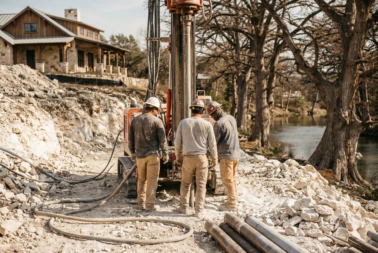 A crew drilling a pier through limestone beside a Hill Country home over Cypress Creek in Wimberley, Texas