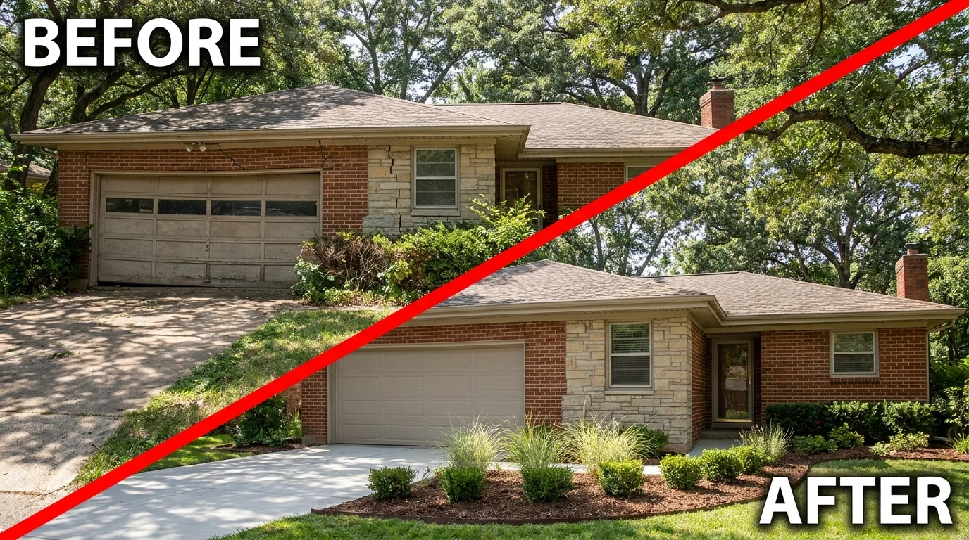 Before and after: cracked brick and stone over a Windcrest garage repaired