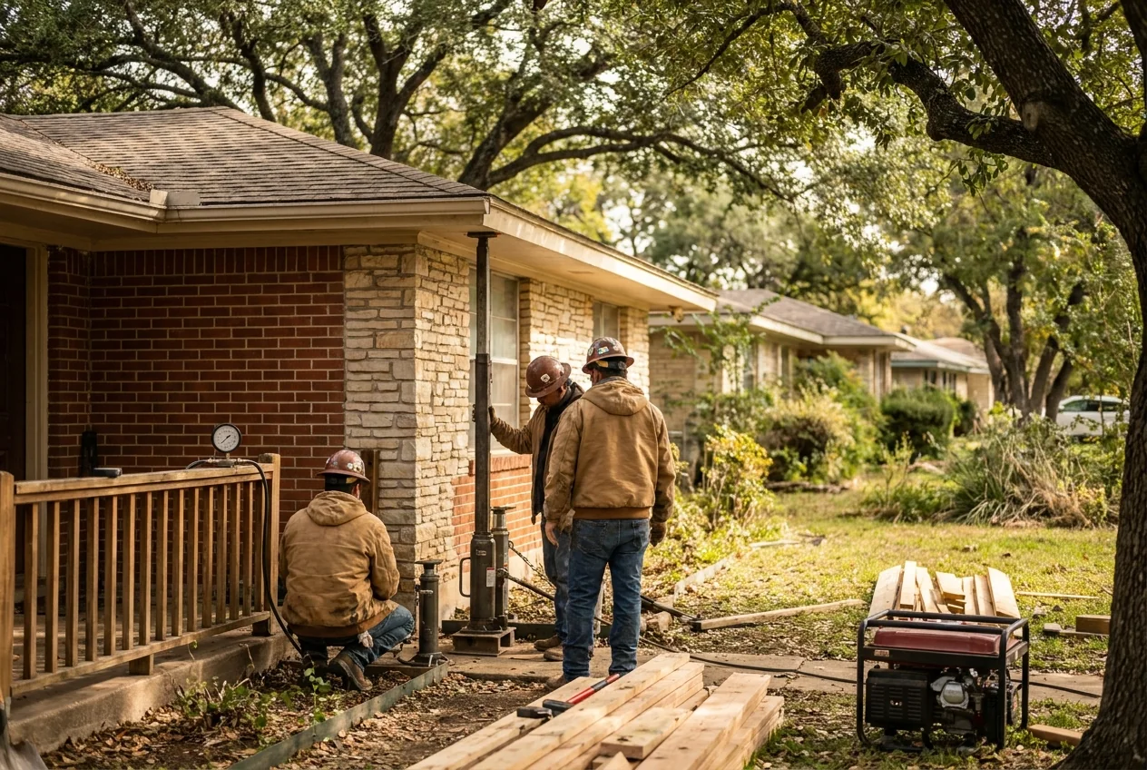 A crew leveling a 1960s ranch home with jacks and a manometer in Windcrest, Texas