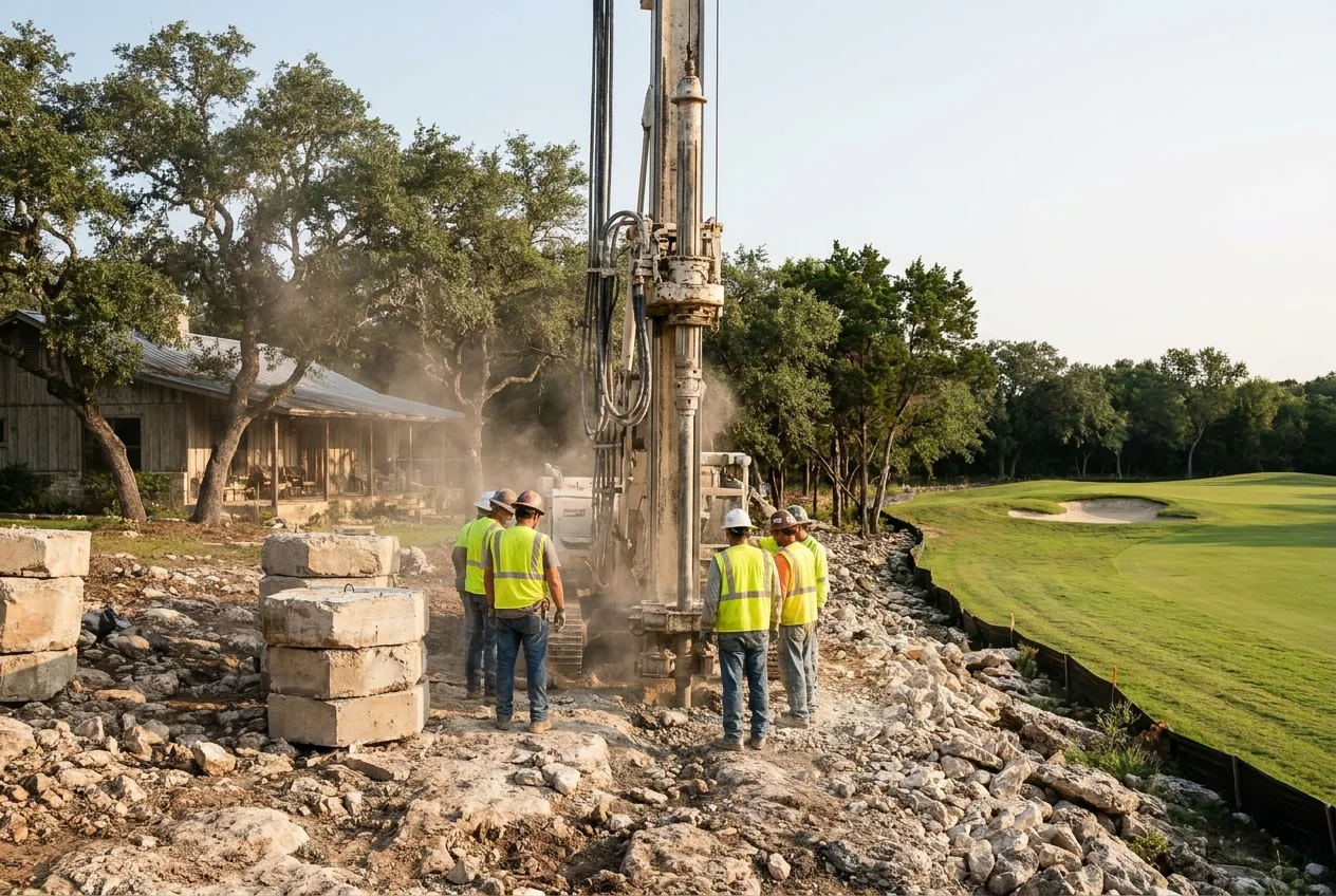 A crew drilling piers beside a home next to a golf fairway in Woodcreek, Texas